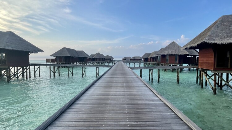 a wooden walkway leading to a row of huts on stilts over water