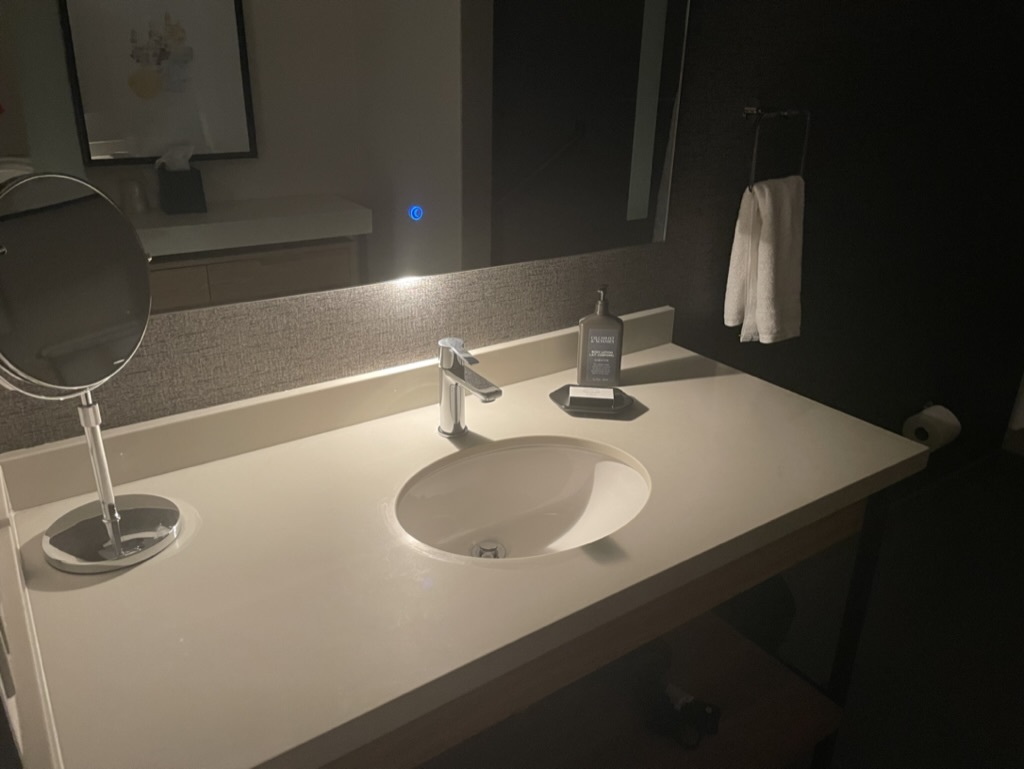 a bathroom sink with a mirror and a mirror