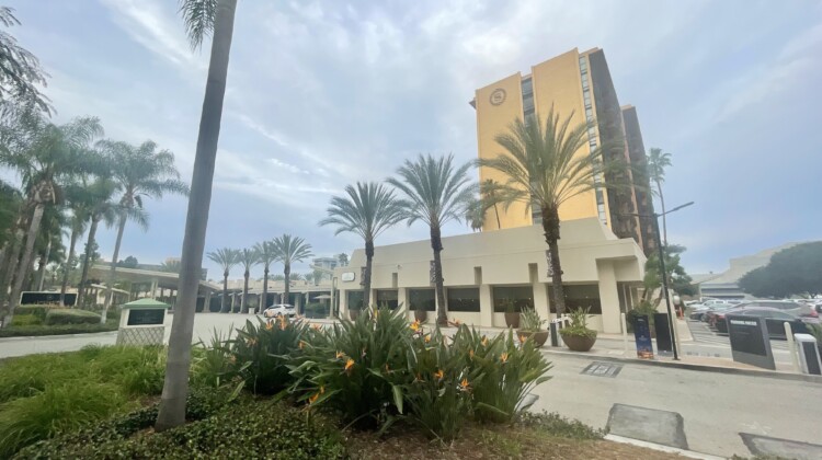 a building with palm trees and a clock tower
