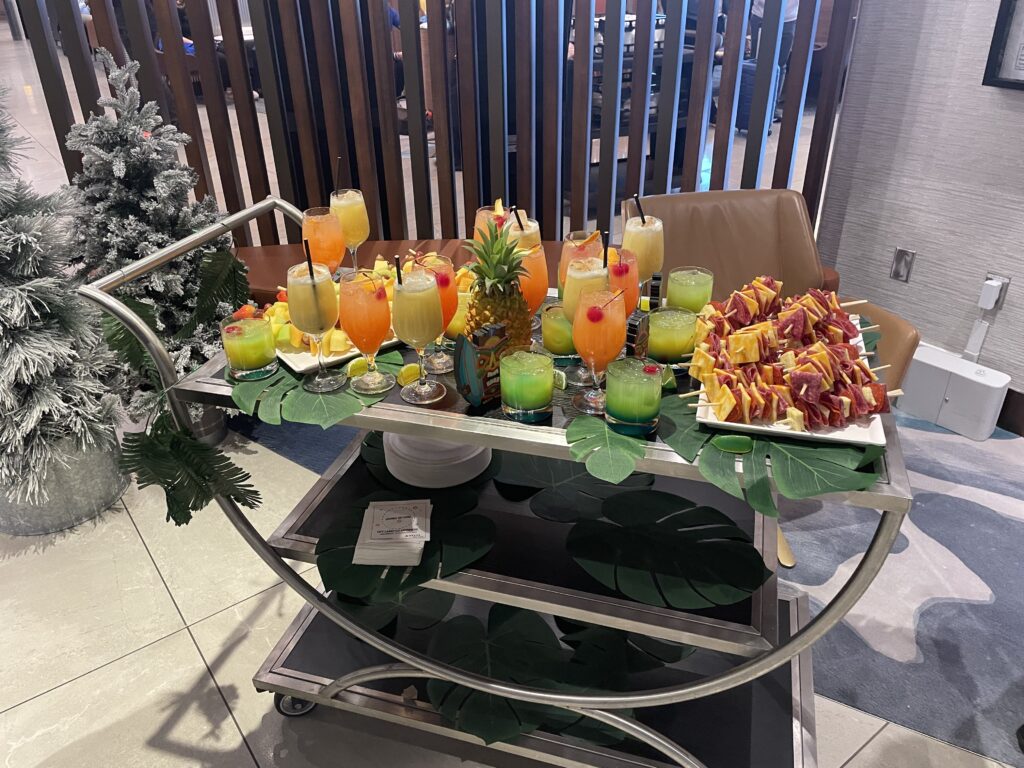 a table with different drinks on it
