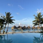 a pool with palm trees and huts on the water