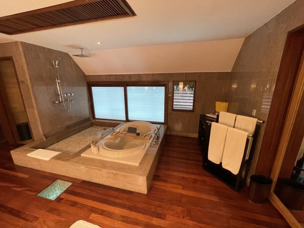 a bathroom with a large tub and a wood floor