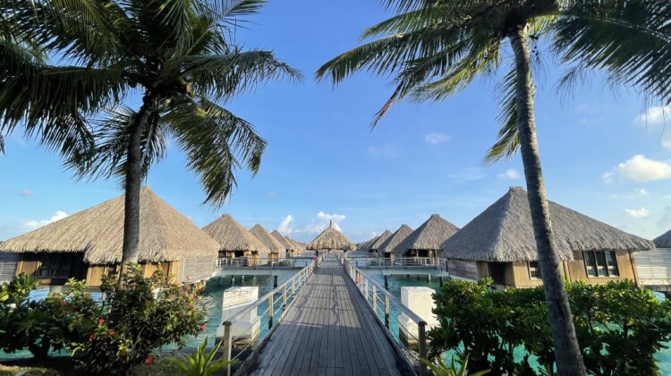 a walkway leading to a resort