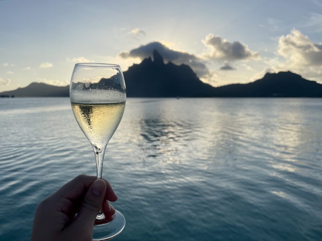 a hand holding a glass of wine with a body of water in the background