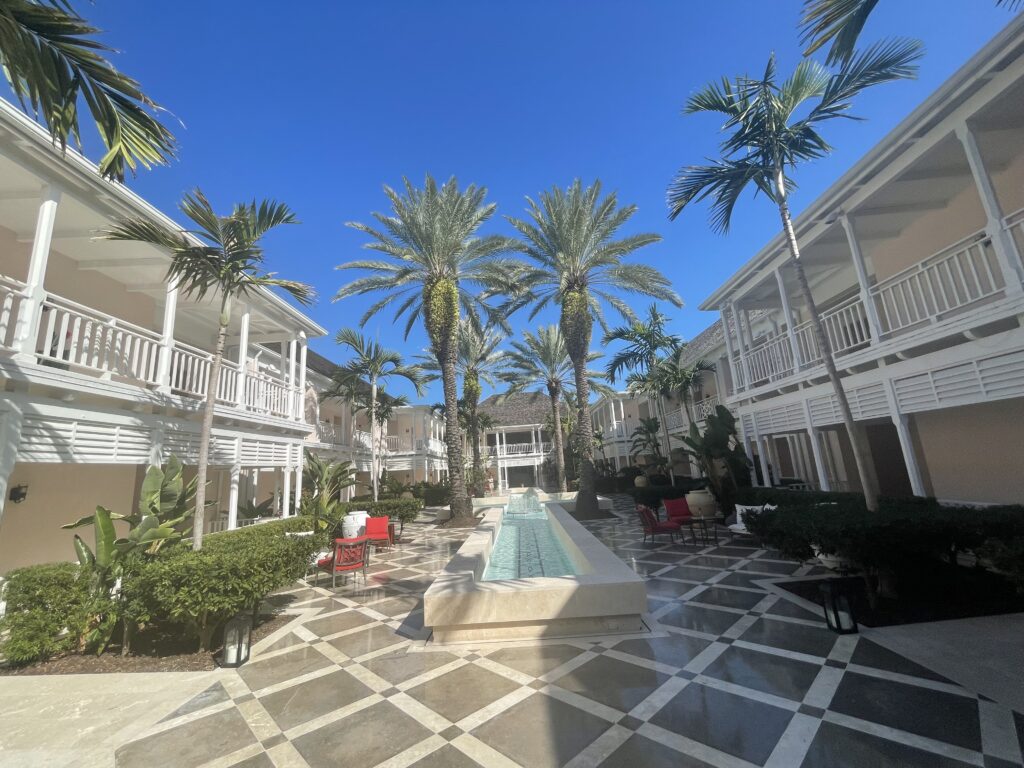 a courtyard with palm trees and a pool