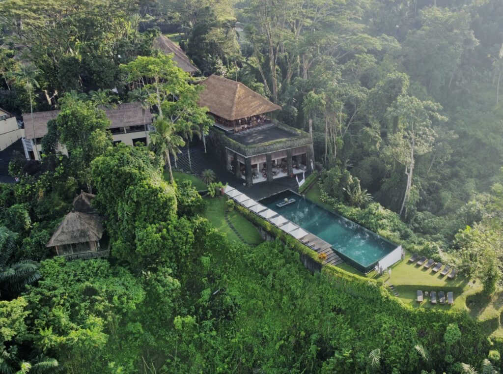 a house with a pool surrounded by trees